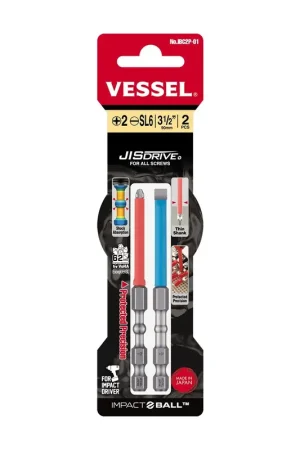 Vessel Tools Set of 2 Impact Ball Torsion Bit with Coated Tube, (+)2 / (-)SL6 x 100mm - VL IBC2P01 One Day Deal