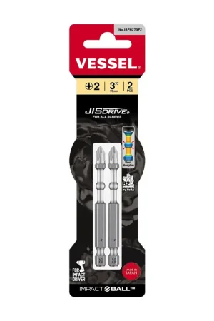Vessel Tools Set of 2 Impact Ball Torsion Bit, PH2 x 75mm - VL IBPH275P2 While Supplies Last