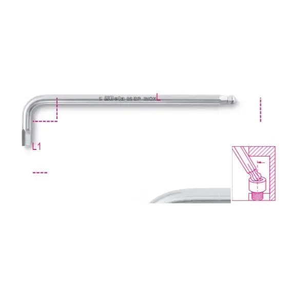 Beta Tools (Article# 96BPINOX 8) 8mm Ball End Offset Hexagon Key, INOX Stainless Steel, 30 deg, Extra Long - BT 961448 Hassle-Free Returns
